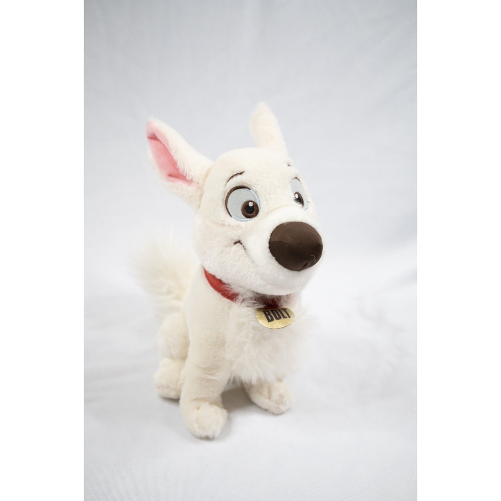 Disney Parks White Fluffy Tail Bolt Puppy Dog‎ 12" Plush Embroidered Eyes Collar